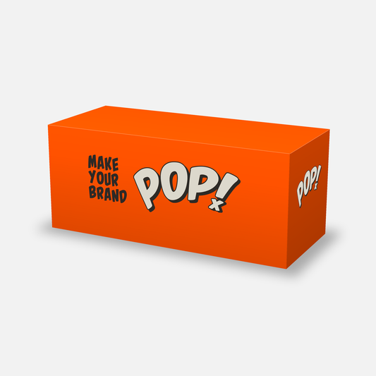Custom fitted table cover, orange, tailored boxed corners with Make Your Brand POP! print