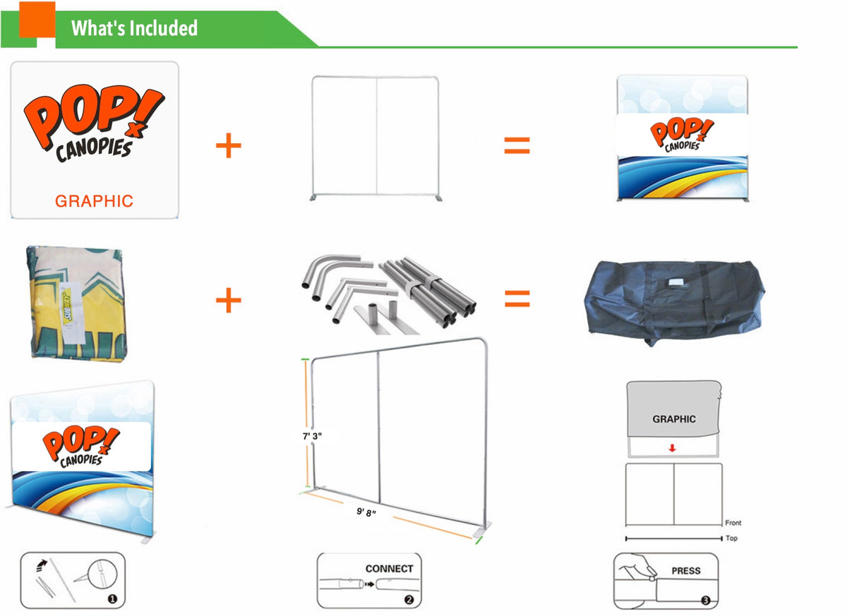 What's included and 3-step setup: connect poles, slide on graphic, zip closed