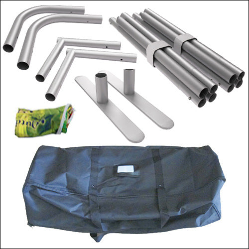 Frame poles, feet, folded graphic and carry bag