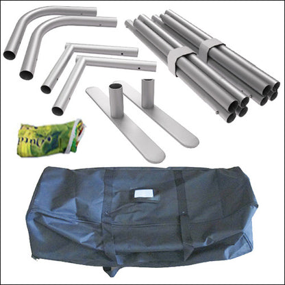 Frame poles, feet, folded graphic and carry bag